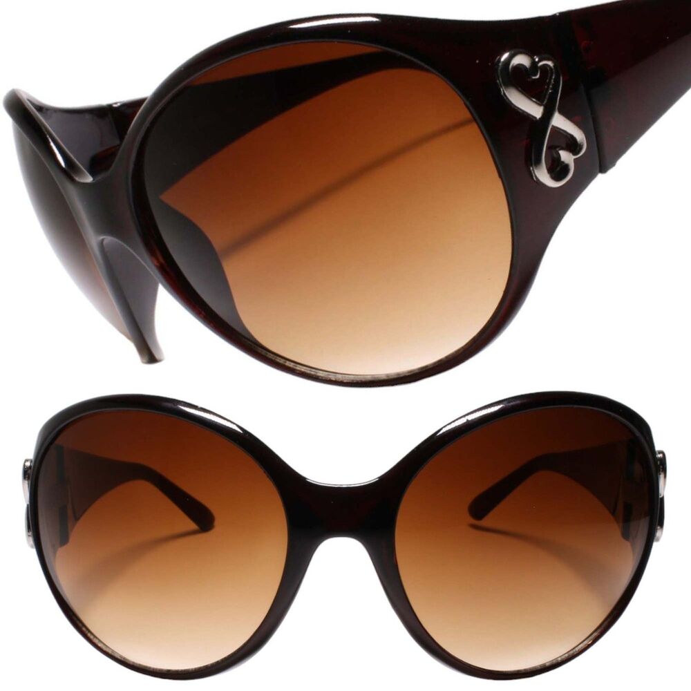 Vintage Womens Oversized Exaggerated Design Brown Sunglasses Heart Emblem